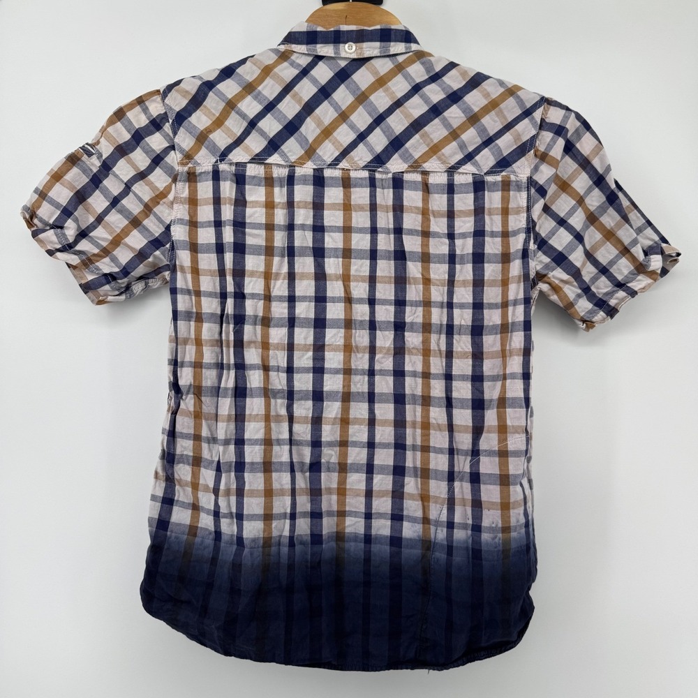 Gramicci Button Down Shirt Mens LG Blue Tan Plaid Ombre Short Sleeve Cotton - Picture 3 of 7